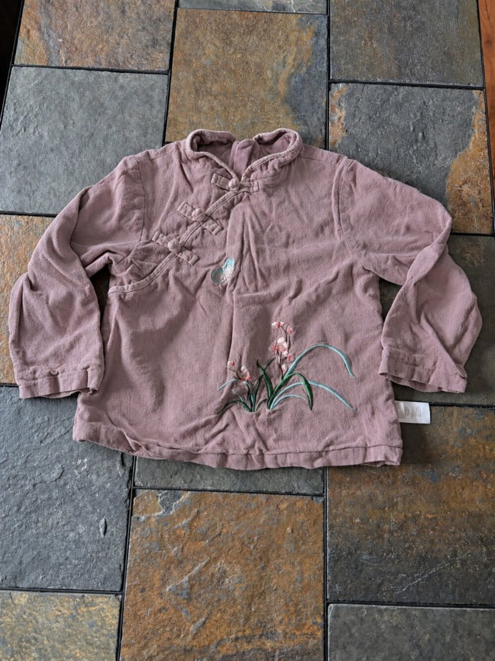 Girls mauve embroidered mandarin collar cotton top size 5Y